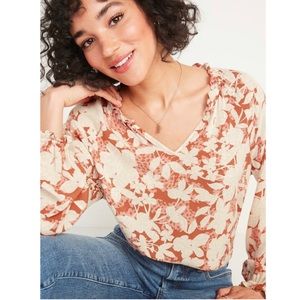 Ruffled Floral-Print Split-Neck Blouse NWT